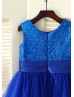 Royal Blue Sequin Tulle Curly Hem Knee Length Flower Girl Dress